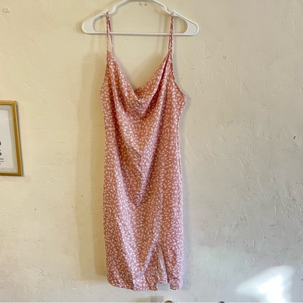 SHEIN Pink & Cream Floral Print Cowl Neck Midi Slip Dress Medium